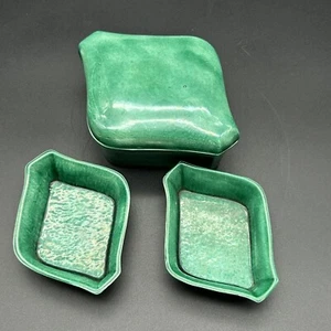 Vintage 1955 Studio Art Pottery Set Ceramic Green Glazed Box + 2 Side Dishes - Picture 1 of 14