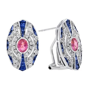 Pink Tourmaline Sapphire Diamond Omega Earrings in 18K White Gold - Picture 1 of 9