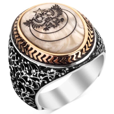 925 Sterling Silber Doppelkopf Adler Mond Stern Perlmutt Stein Herren Ring - Bild 1 von 4