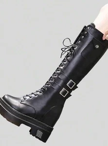 Gothic Zip & Lace Up 7.5 Women’s British Style Knight Boots Thick Sole - Picture 1 of 4