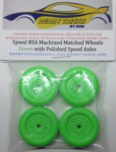 Lightly Lathed & polished GREEN pinewood derby Speed  Wheels & axles  - Picture 1 of 10