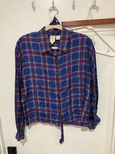 Clifford & Wills Women's Vintage 100% Silk Plaid Blouse, Blue Multi, Medium - Picture 1 of 4