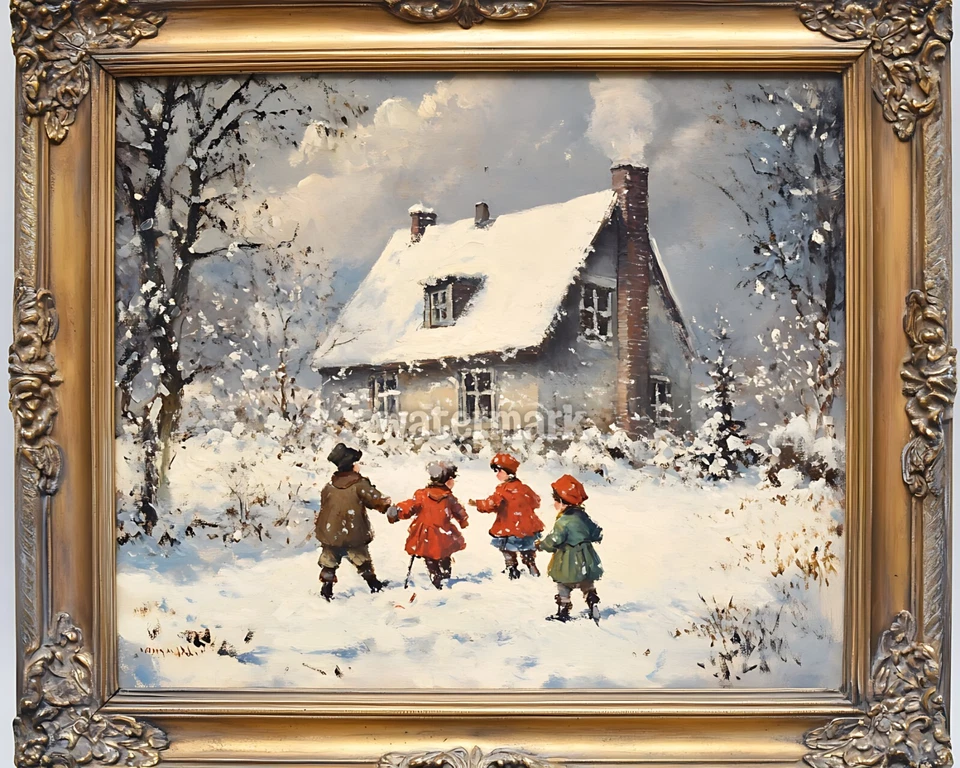 维多利亚冬季场景带儿童雪油画 8x10 打印  — 第 1/1 张图片