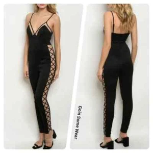 Sexy Black Sleeveless Mesh V-Neck Jumpsuit - Picture 1 of 13