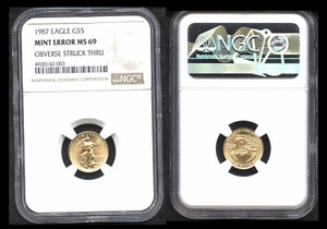 1987 $5 gold mint error NGC MS69 OBVERSE STRUCK THRU - Picture 1 of 1
