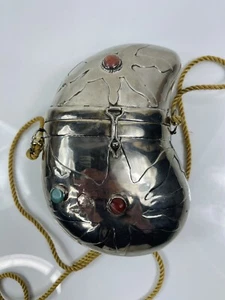 1940's Era Silver Kidney Shape Metal Shell Purse Native Agate Stone Sun Pattern - Picture 1 of 4