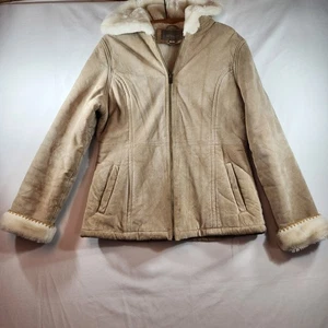 Croft & Barrow Suede Jacket Coat Womens Size Medium Faux Fur Trim Hooded READ - Foto 1 di 24