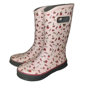 Bogs Youth K RNBT Cherry Love Pink Red Waterproof Pull-On Rubber Boots Size 4 - Picture 1 of 16