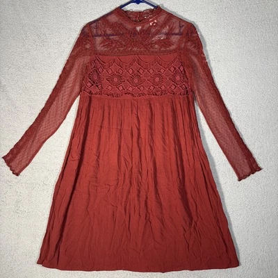 Sundance Mini Dress Womens Size 2 Rust Red Long Sleeve Lace Paneled Crochet Boho - Image 1 of 4