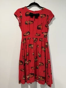 Modcloth Cat Fit & Flare Dress Womens Small Bow Twee All Over Print Retro Lined - Picture 1 of 6