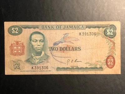 1976 Bank Of Jamaica 2 Dollars Note Currency - Circulated - Image 1 of 2
