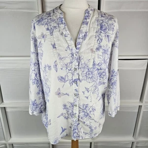 M&S White Floral Shirt Size 12 Linen Blend Top 3/4 Sleeve Grandad Collar Summer - Picture 1 of 12