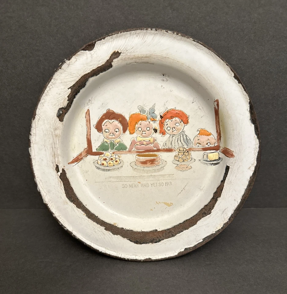 vtg hand painted enamelware PLATE primitive kid children folk art antique comic - Image 1 of 4