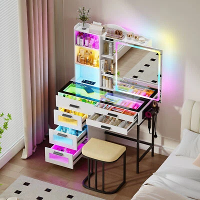 RGB Lights Vanity Desk Vanity Desk with Sliding Mirror with 6 Drawers - Image 1 of 4