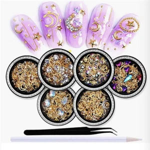 8pcs Moon Star Nails Gold Metallic Nail Sequins Charms 3D Nail Art Tips - Picture 1 of 7