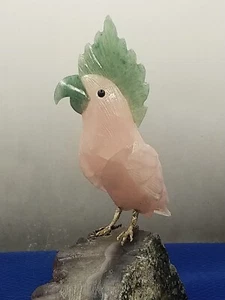 4charity-Rose Quartz Crystal Cockatoo Figurine on Amethyst Base Hand Carved 5” - Picture 1 of 24