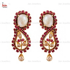 0.30 - 0.40 Ct Genuine Diamonds Ruby & Pearl 18Kt Gold Drop Earrings Antique - Picture 1 of 6