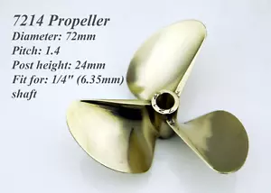 7214 Brass Propeller Diameter 72mm Pitch 1.4 for 1/4" Prop Shaft Cable RC Boat - Picture 1 of 5