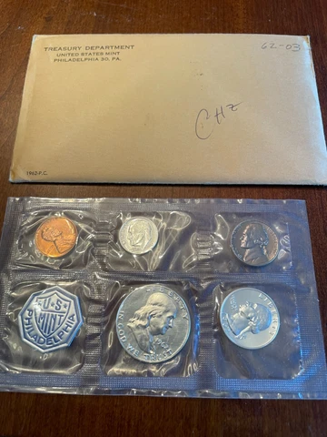 1962 US Mint Proof Set in original envelope. #62-03 Cover