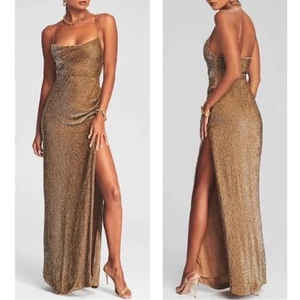 Retrofete Katya Sequin Embellished Cowl Neck High Slit Bronze Maxi Dress Sz XXS - Picture 1 of 12