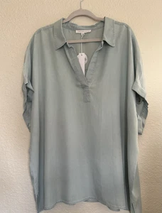 JANE + DELANCEY Collar Henley Tencel Lyocell Denim Dolman Cuffed Short Sleeve 3X - Picture 1 of 8