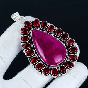 Ruby Lab Created & Garnet Gemstone Pendant 925 Sterling Silver Jewelry For Gifts - Picture 1 of 4