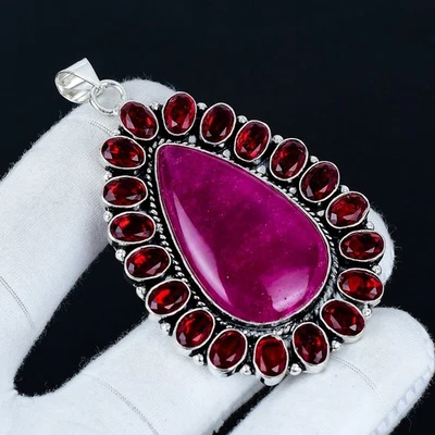 Ruby Lab Created & Garnet Gemstone Pendant 925 Sterling Silver Jewelry For Gifts - Image 1 of 4