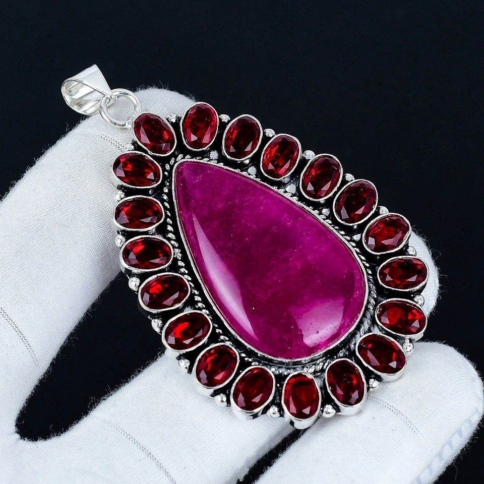 Ruby Lab Created & Garnet Gemstone Pendant 925 Sterling Silver Jewelry For Gifts - Image 1 of 4