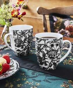 Joe Browns Home Set of 2 Ceramic Timeless Monochrome Floral Mugs, Black - Picture 1 of 3