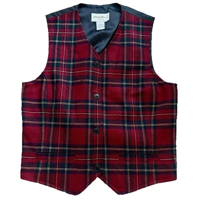 Vintage Eddie Bauer Women S Red Wool Tartan Plaid Button Vest Waistcoat Lined - Image 1 of 4