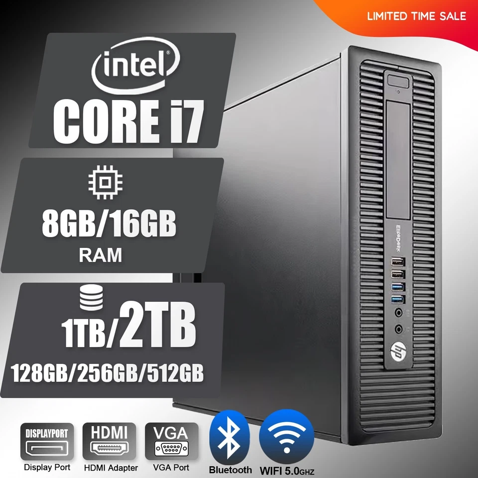 HP Desktop Computer PC i7, up to 16GB RAM 2TB SSD Windows, WiFi BT, Free AMD GPU - Image 1 of 4
