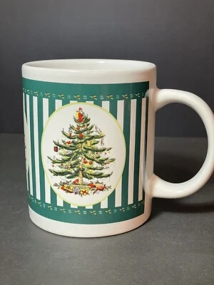 Spode Christmas Tree Coffee Tea Mug Cup Green White Stripe 2001 - Image 1 of 4