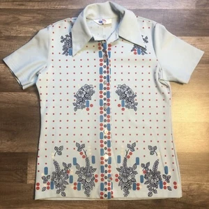 Vintage 60s Polyester Smock Shirt Womens M Blue Floral Short Sleeve Button Up - Picture 1 of 7