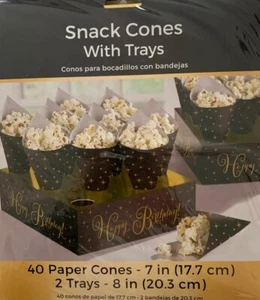 New Party Supply 40 Snack Cones and 2 Trays Black and Gold Happy Birthday Theme - Picture 1 of 2