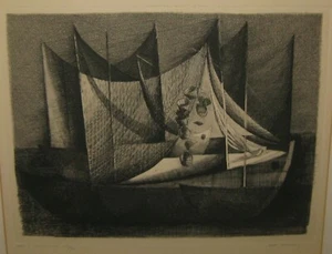 Vintage GOSTA EHRENBERG Sails & Nets ABSTRACT Etching - Important SWEDEN Modern - Picture 1 of 12