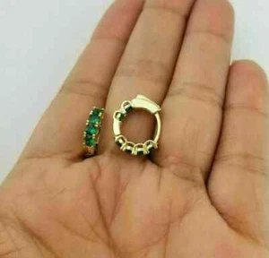 1.50 Ct Round Cut Lab Created Emerald Tiny Hoop Earrings 14K Yellow Gold Plated - Picture 1 of 4