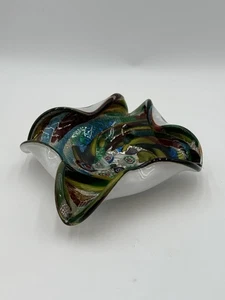 Vetro artistico Murano Tuti Frutti Millefiori Fiocco Argento Piatto Quadrato Bordi Piegati - Foto 1 di 7