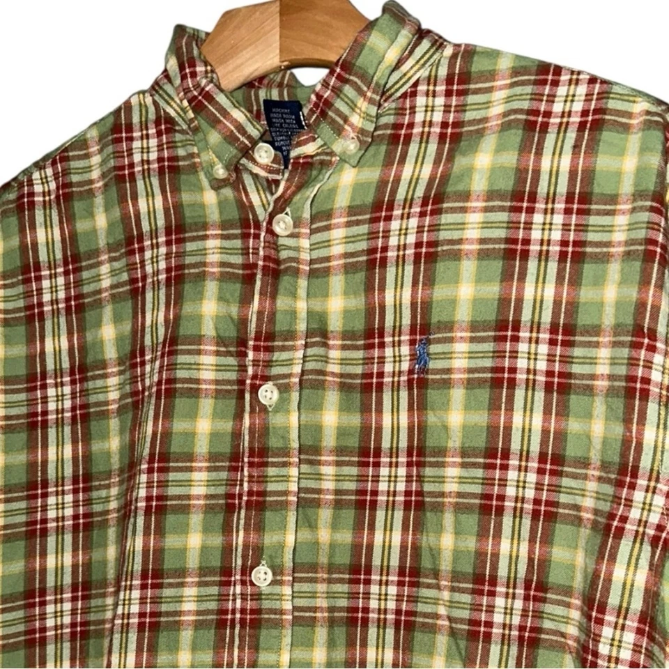 Camisa Polo Ralph Lauren Vintage Para Hombre Talla XL Verde Rojo Franela a Cuadros Abotonada Foto 1 de 4