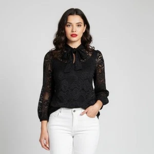 Cable & Gauge Black Lace Tie Neck Long Sleeve Blouse Women’s Size Small - Picture 1 of 11