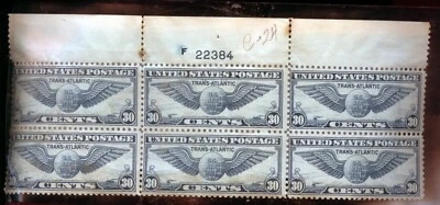 UNITED STATES SCOTT #C24 PLATE BLOCK MINT HINGED RE-ATTACED GUM DAMAGE CREASE - Image 1 of 2
