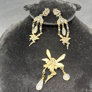 vtg Art Nouveau Style Mythical Nude Fairy Nymph pixie Brooch & Earring Set - Picture 1 of 10