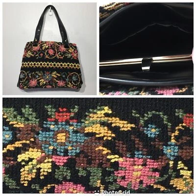 Bolsa carpete tapeçaria vintage anos 50 e 60 Needlepoint preta colorida floral - Imagem 1 de 4