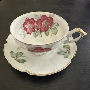 Vintage Teacup & Saucer (Pink Flowers) Yellow/ Gold Trim - Picture 1 of 9