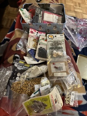 Mixed Lot of Vintage Sewing Trims  Crafts Beads Buttons Pin Cushion Lot Straps - Image 1 of 4