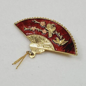 Broche prendedor vintage japonés abanico esmalte rojo tono dorado pájaro flor de cerezo - Imagen 1 de 7