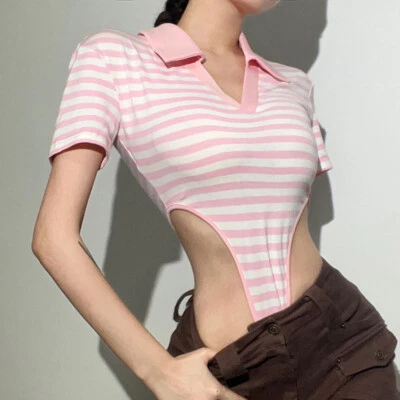 Damen Gestreift one piece Body Strampler Revers V-Ausschnitt Kurzärmeliges Top - Bild 1 von 4