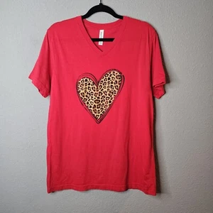 Bella Canvas Red Tee Shirt Womens Large Leopard Animal Print Heart Valentines - Picture 1 of 7