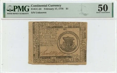 1776 February 17, $1 Continental Currency FR#CC-23 PMG AU50 - Image 1 of 2