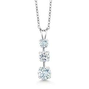 925 Sterling Silver Aquamarine 3 Stone Pendant Necklace For Women 1.47 Cttw, - Picture 1 of 4