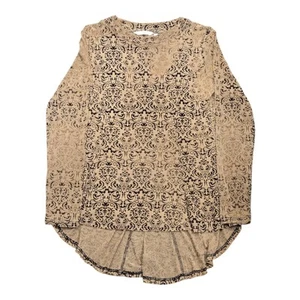 Soft Surroundings Sheer Mesh Tan Tunic Blouse With Deep Brown Velvet Embroidery - Picture 1 of 6